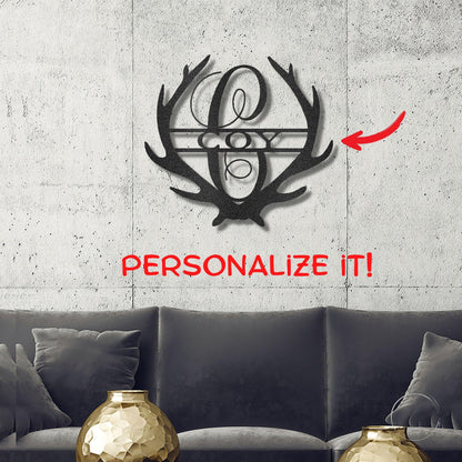 Deer Antler Personalized Initial Name Metal Art Wall Sign - Mallard Moon Gift Shop