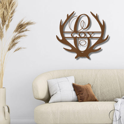 Deer Antler Personalized Initial Name Metal Art Wall Sign - Mallard Moon Gift Shop