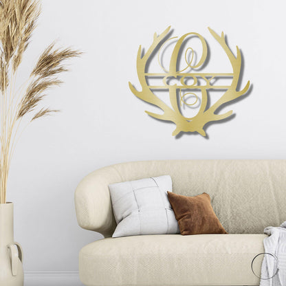Deer Antler Personalized Initial Name Metal Art Wall Sign - Mallard Moon Gift Shop