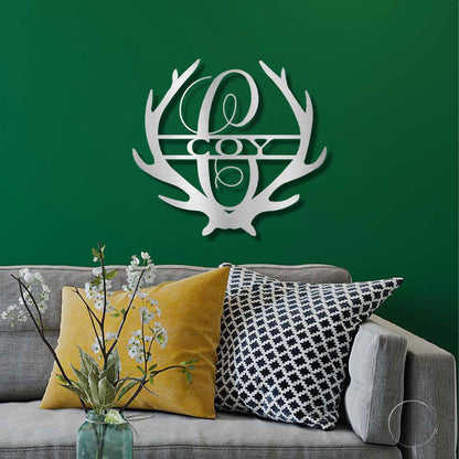 Deer Antler Personalized Initial Name Metal Art Wall Sign - Mallard Moon Gift Shop