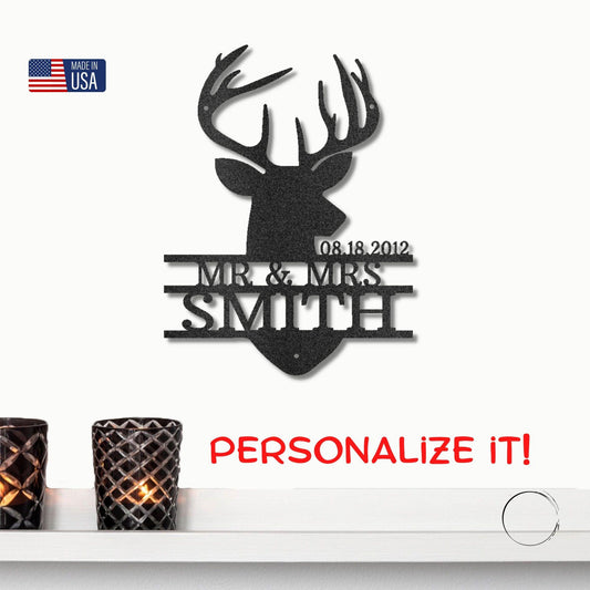Deer Head Monogram Name Personalized Metal Art Wall Sign Wedding Anniversary - Mallard Moon Gift Shop