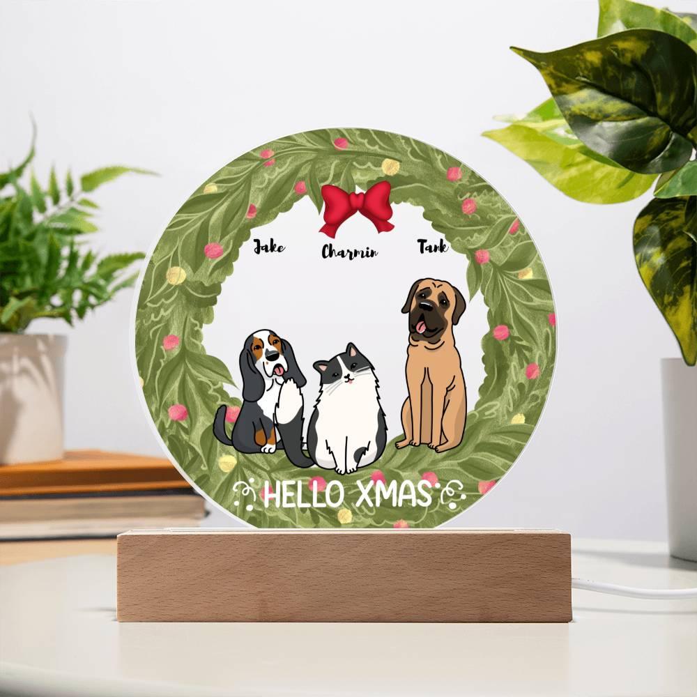 Dog and Cat Holiday Wreath Personalized Acrylic Plaque - Mallard Moon Gift Shop