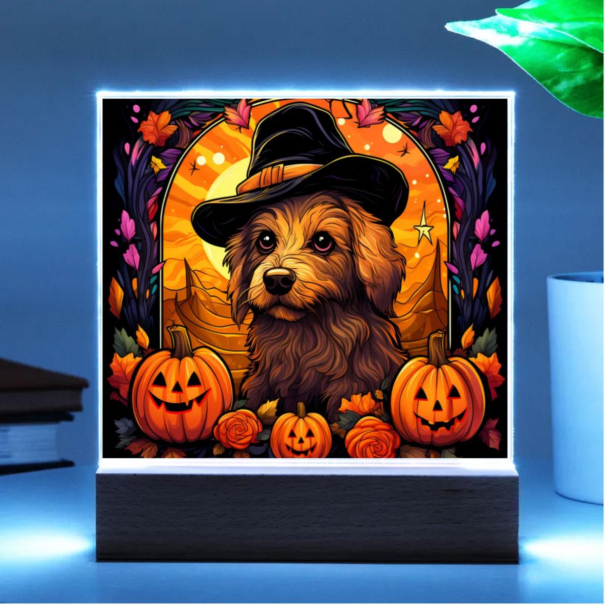 Dog Halloween Portrait Stained Glass Acrylic Plaque with LED Lighted Wooden Base - Mallard Moon Gift Shop