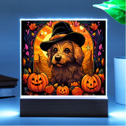 Dog Halloween Portrait Stained Glass Acrylic Plaque with LED Lighted Wooden Base - Mallard Moon Gift Shop