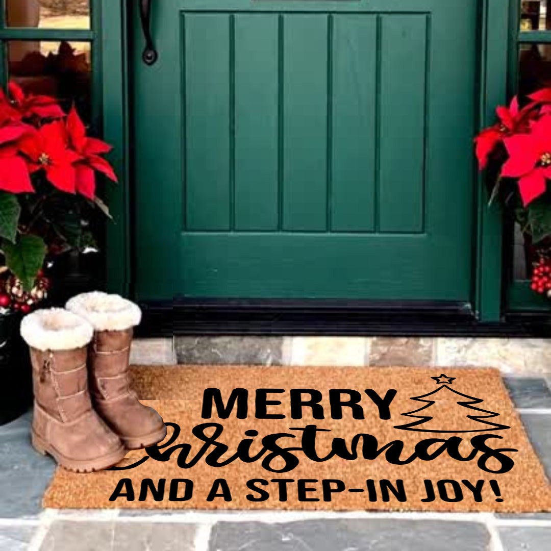 Merry Christmas and a Step-In Joy! Holiday Doormat | Funny Christmas Welcome Mat | Rustic Farmhouse Coir Porch Décor - Mallard Moon