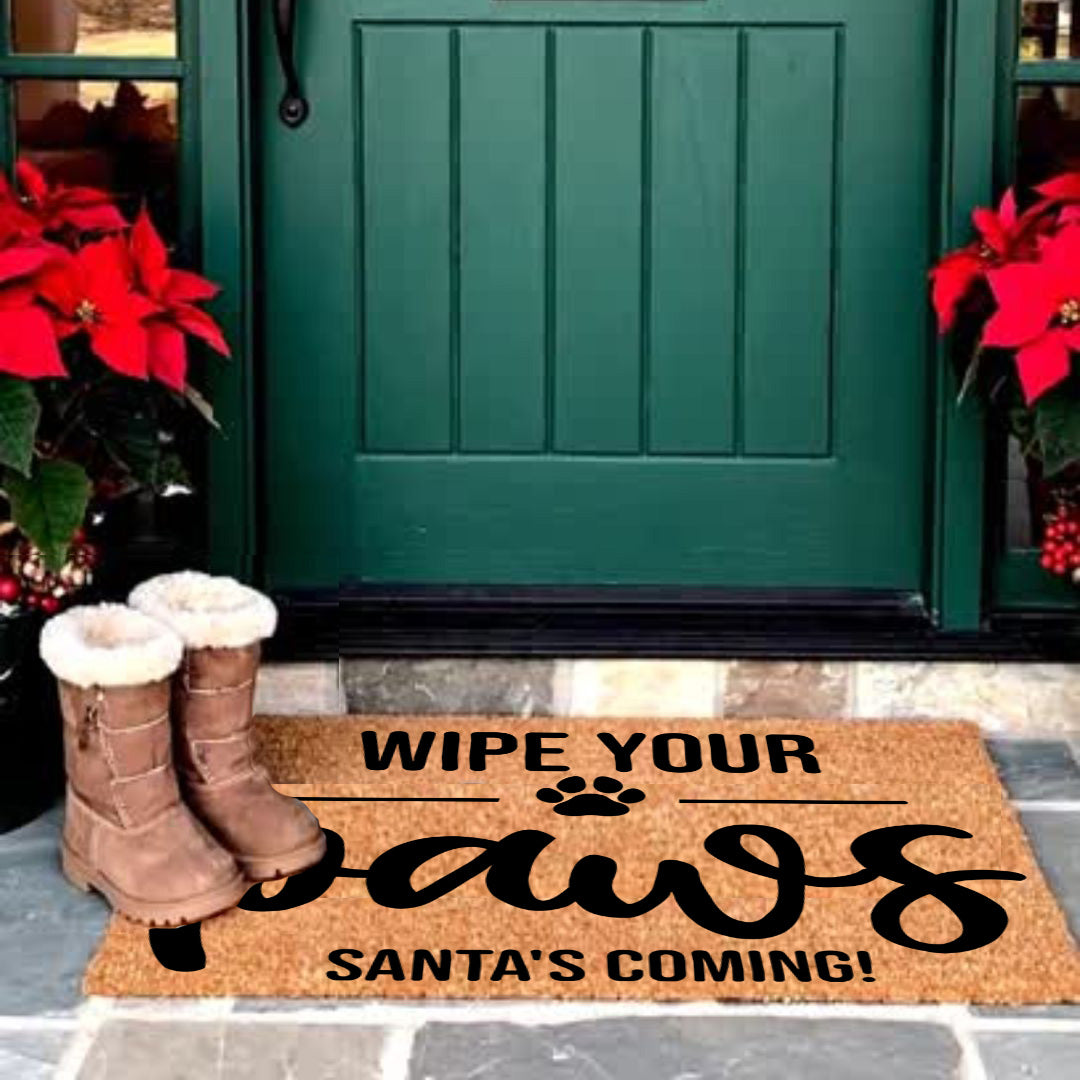Wipe Your Paws – Santa’s Coming! Christmas Doormat | Funny Pet Holiday Welcome Mat | Rustic Farmhouse Dog Lover Porch Décor - Mallard Moon