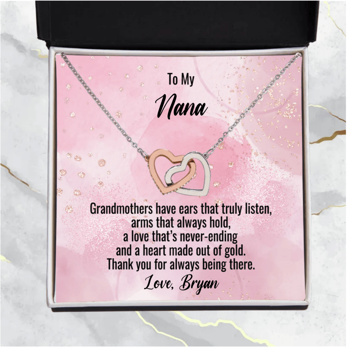 Grandmother Gift Personalized Message Card Interlocking Heart Pendant Necklace - Mallard Moon Gift Shop
