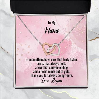 Grandmother Gift Personalized Message Card Interlocking Heart Pendant Necklace - Mallard Moon Gift Shop