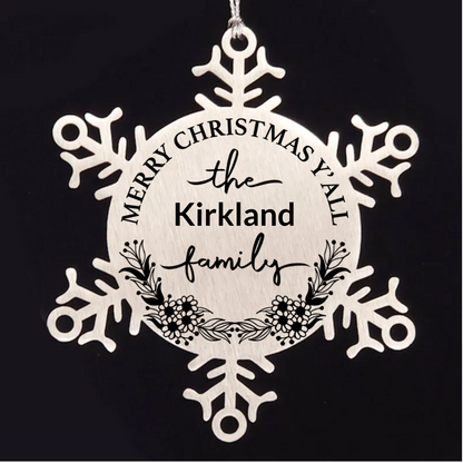 Personalized Merry Christmas Y'all Stainless Steel Laser Engraved Snowflake Tree Ornament - Mallard Moon