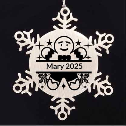 Personalized Gingerbread Man Snowflake Wreath Tree Ornament Family Name Laser Engraved Stainless Steel - Mallard Moon