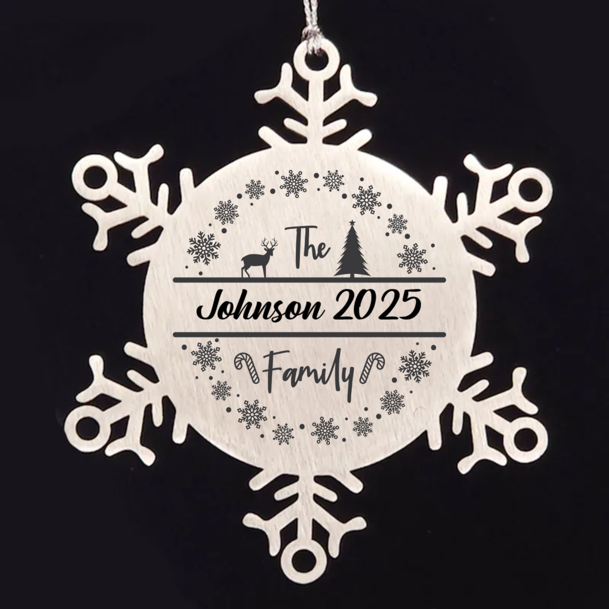 Personalized Family Name Deer in Woods Laser Engraved Stainless Steel Snowflake Christmas Tree Ornament - Mallard Moon