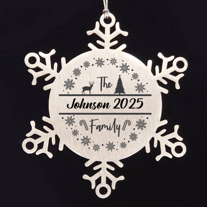 Personalized Family Name Deer in Woods Laser Engraved Stainless Steel Snowflake Christmas Tree Ornament - Mallard Moon