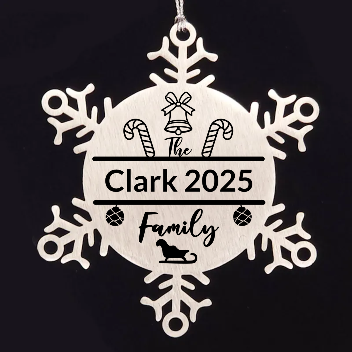 Personalized Family Name Candy Cane Ornament Laser Engraved Stainless Steel Snowflake Durable Shatterproof Tree Trimming - Mallard Moon