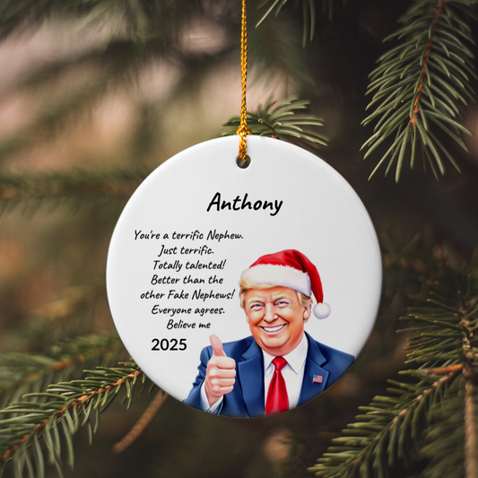 Personalized Nephew - Niece Trump Christmas Ornament – Funny Santa Thumbs-Up Holiday Gift – Custom Name & Year Keepsake for Nephews
