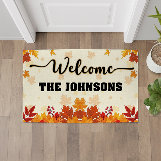 Personalized Welcome Doormat – Custom Family Name Fall Doormat with Autumn Leaves, Berries & Warm Harvest Colors – Perfect for Thanksgiving and Seasonal Porch Décor
