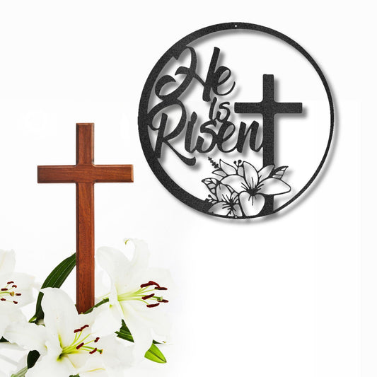 He Is Risen Easter Cross Metal Wall Sign – Christian Home Decor – 5 Sizes & 5 Colors – Religious Spring Decoration – Made in the USA – Easter Faith Gift for Home or Church - Mallard Moon Gift Shop