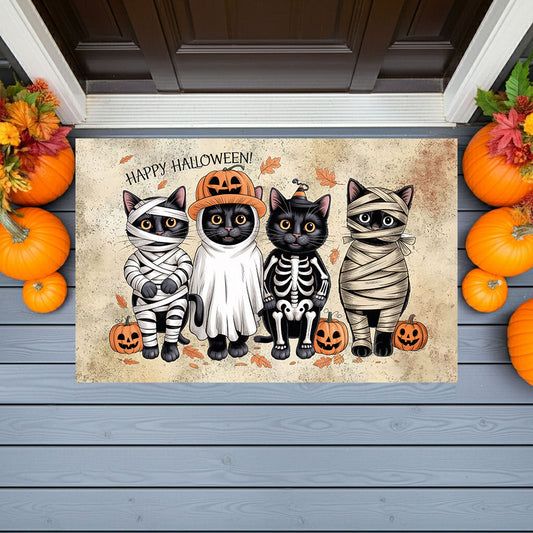 Happy Halloween Cat Doormat – Cute Black Cats in Costumes Welcome Mat – Funny Spooky Fall Décor for Cat Lovers - Mallard Moon