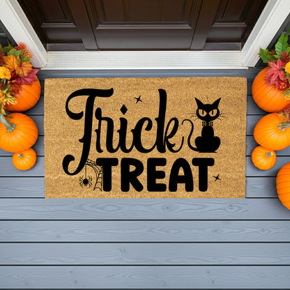 Trick or Treat Coir Doormat – Cute Black Cat Halloween Welcome Mat | Spooky Front Porch Decor | Rustic Fall Entryway Rug - Mallard Moon
