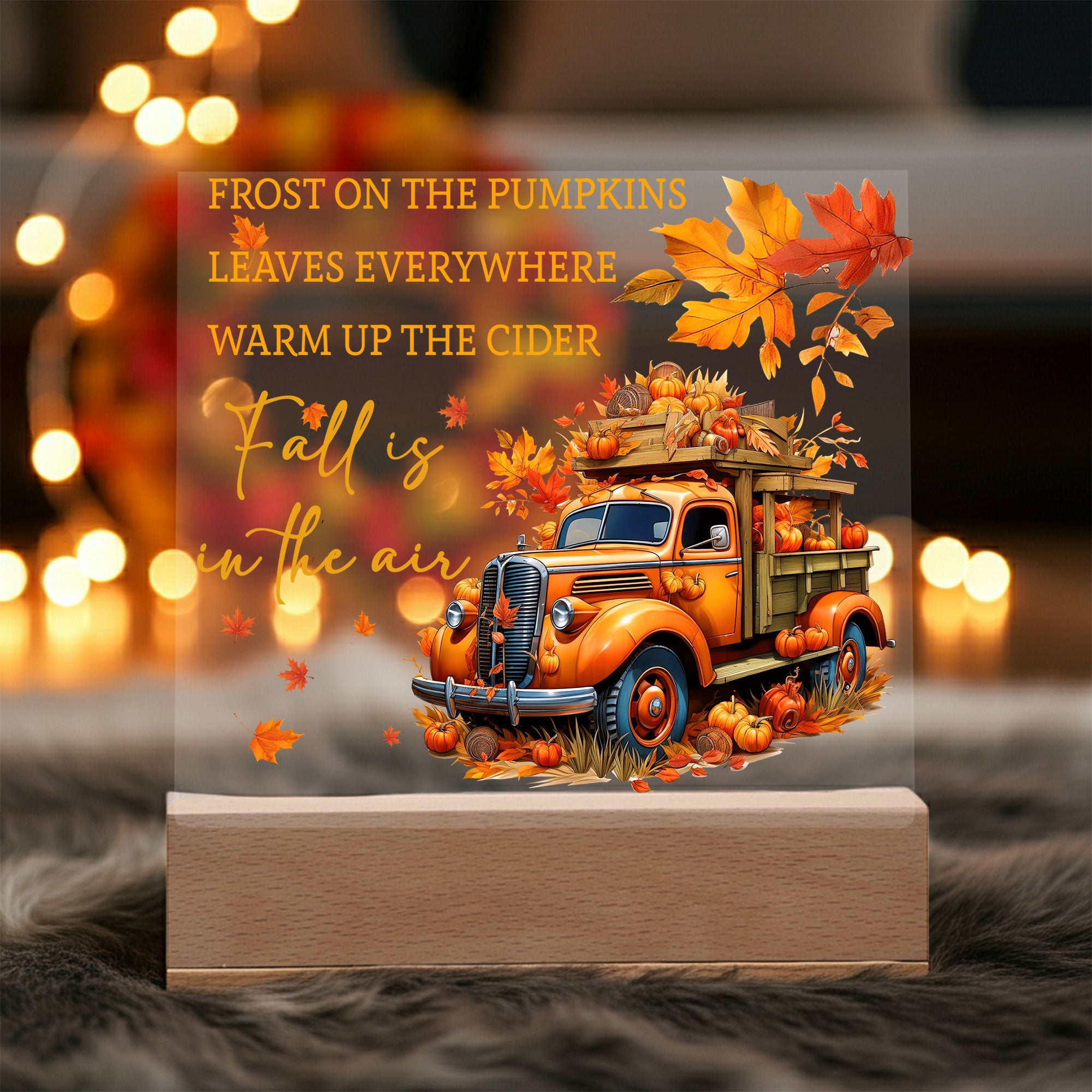 Fall Is in the Air Acrylic Plaque – Pumpkin Truck Autumn Decor – Lighted Acrylic Sign with Wooden Base (Corded or Battery Option) - Mallard Moon