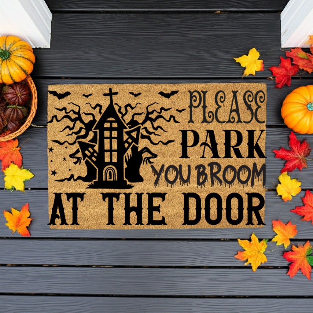 Please Park Your Broom at the Door Coir Doormat – Funny Witch Halloween Welcome Mat | Haunted House Front Porch Decor | Spooky Fall Entry Rug - Mallard Moon