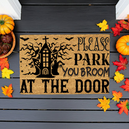Please Park Your Broom at the Door Coir Doormat – Funny Witch Halloween Welcome Mat | Haunted House Front Porch Decor | Spooky Fall Entry Rug - Mallard Moon
