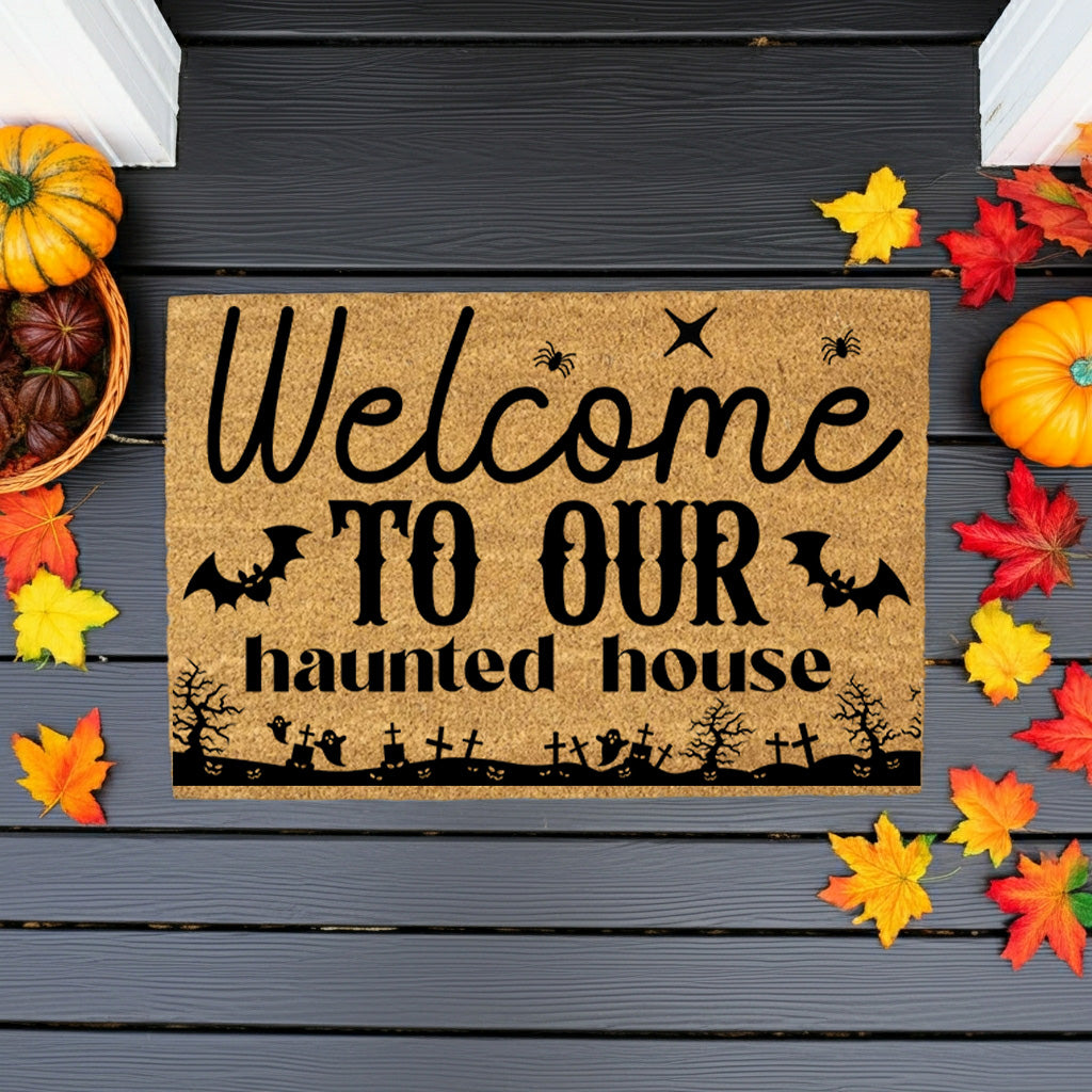 Welcome to Our Haunted House Coir Doormat – Spooky Halloween Welcome Mat | Rustic Haunted Porch Decor | Funny Fall Entryway Rug - Mallard Moon
