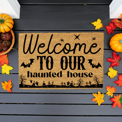 Welcome to Our Haunted House Coir Doormat – Spooky Halloween Welcome Mat | Rustic Haunted Porch Decor | Funny Fall Entryway Rug - Mallard Moon