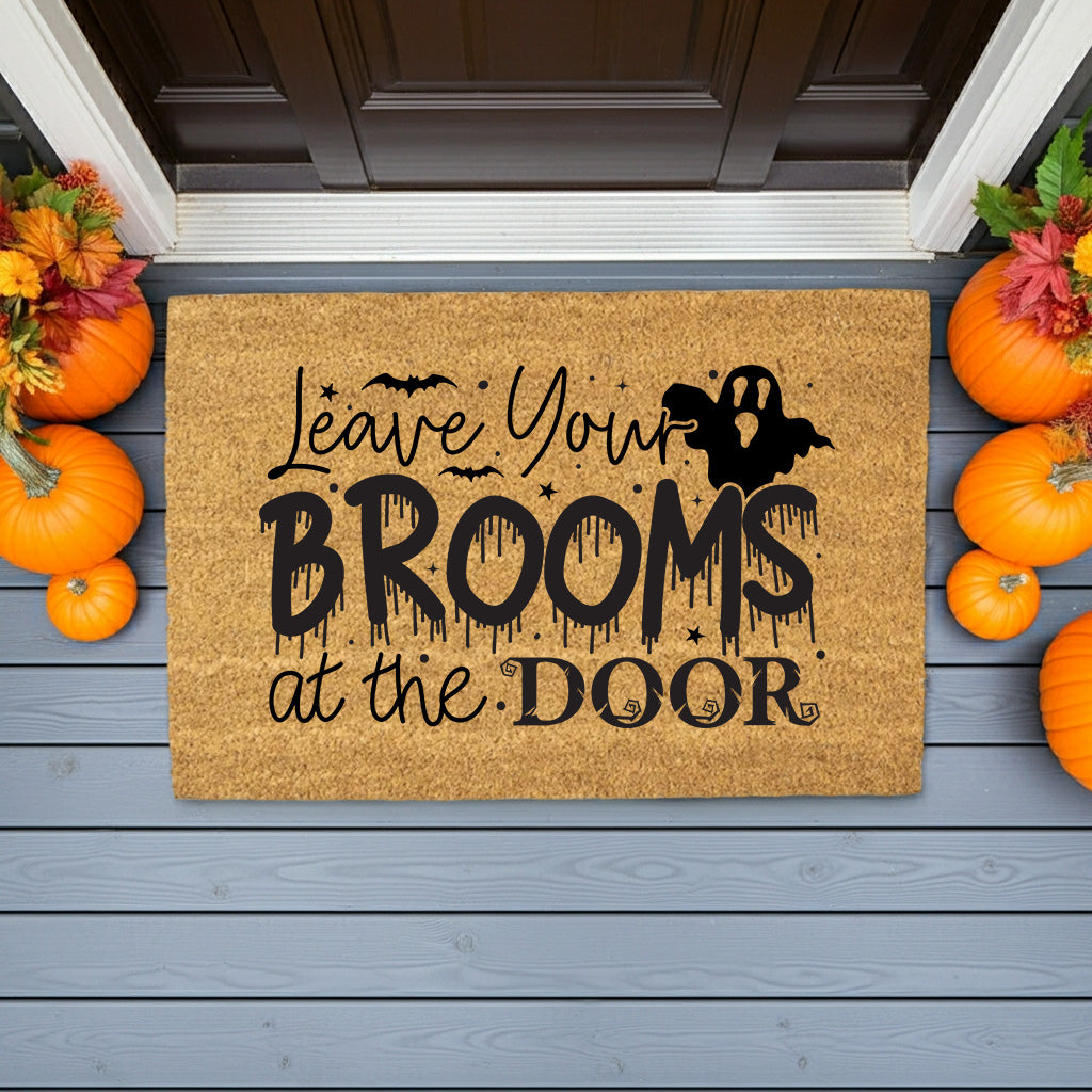 Leave Your Brooms at the Door Coir Doormat – Funny Witch Halloween Welcome Mat | Spooky Fall Front Porch Decor | Rustic Outdoor Entry Rug - Mallard Moon