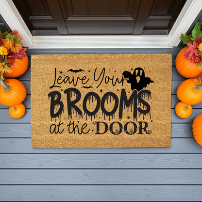 Leave Your Brooms at the Door Coir Doormat – Funny Witch Halloween Welcome Mat | Spooky Fall Front Porch Decor | Rustic Outdoor Entry Rug - Mallard Moon