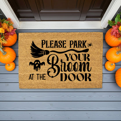 Please Park Your Broom at the Door Coir Doormat – Witchy Halloween Welcome Mat | Funny Fall Porch Decor | Rustic Farmhouse Entryway Rug - Mallard Moon