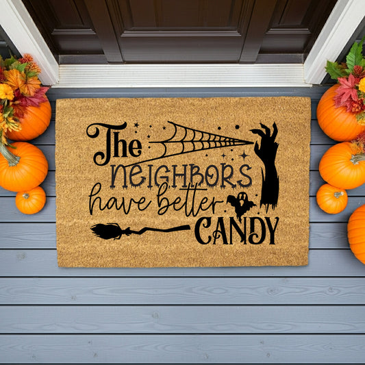 The Neighbors Have Better Candy Halloween Coir Doormat – Funny Spooky Front Porch Decor | Trick or Treat Welcome Mat | Haunted House Entry Rug - Mallard Moon
