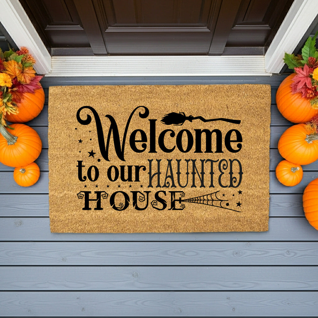 Welcome to Our Haunted House Coir Doormat – Witchy Halloween Welcome Mat | Spooky Fall Front Porch Decor | Rustic Farmhouse Entry Rug - Mallard Moon