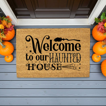 Welcome to Our Haunted House Coir Doormat – Witchy Halloween Welcome Mat | Spooky Fall Front Porch Decor | Rustic Farmhouse Entry Rug - Mallard Moon