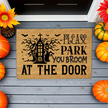 Please Park Your Broom at the Door Coir Doormat – Funny Witch Halloween Welcome Mat | Haunted House Front Porch Decor | Spooky Fall Entry Rug - Mallard Moon