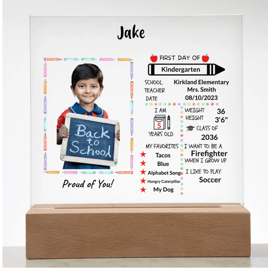 First Day of School Stats and Photo Upload Personalized Keepsake Acrylic Plaque - Mallard Moon Gift Shop
