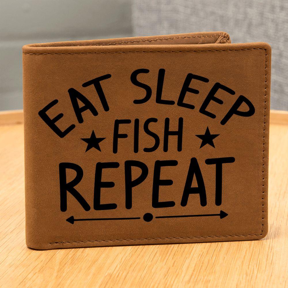 Fisherman Gift - Eat Sleep Fish Repeat Leather Wallet - Mallard Moon Gift Shop