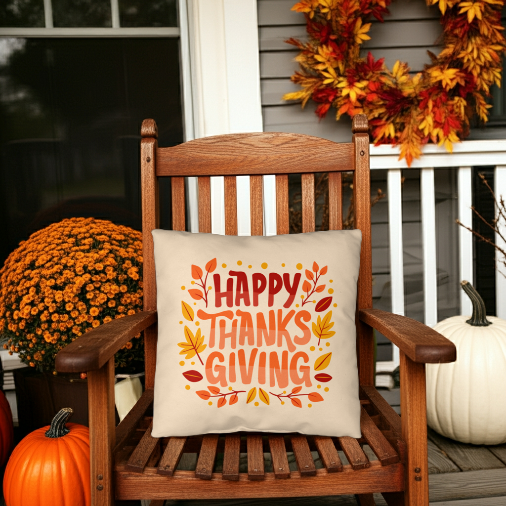 Happy Thanksgiving Throw Pillow – Indoor/Outdoor Fall Accent Cushion – Available in 3 Sizes - Mallard Moon