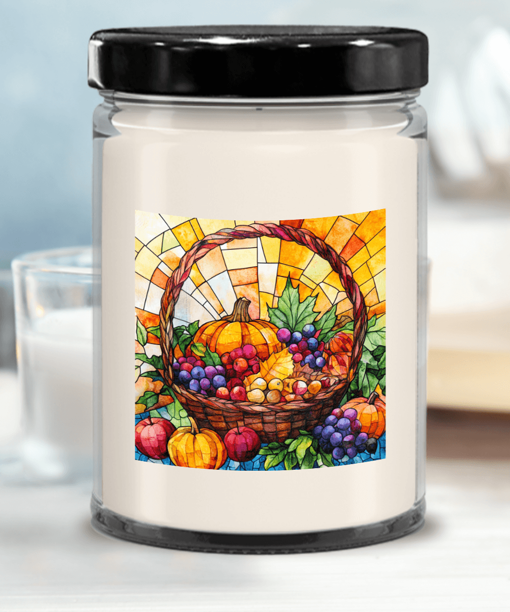 Bountiful Fall Fruit Basket - Stained Glass Soy Scented Container Jar Candle - Mallard Moon Gift Shop