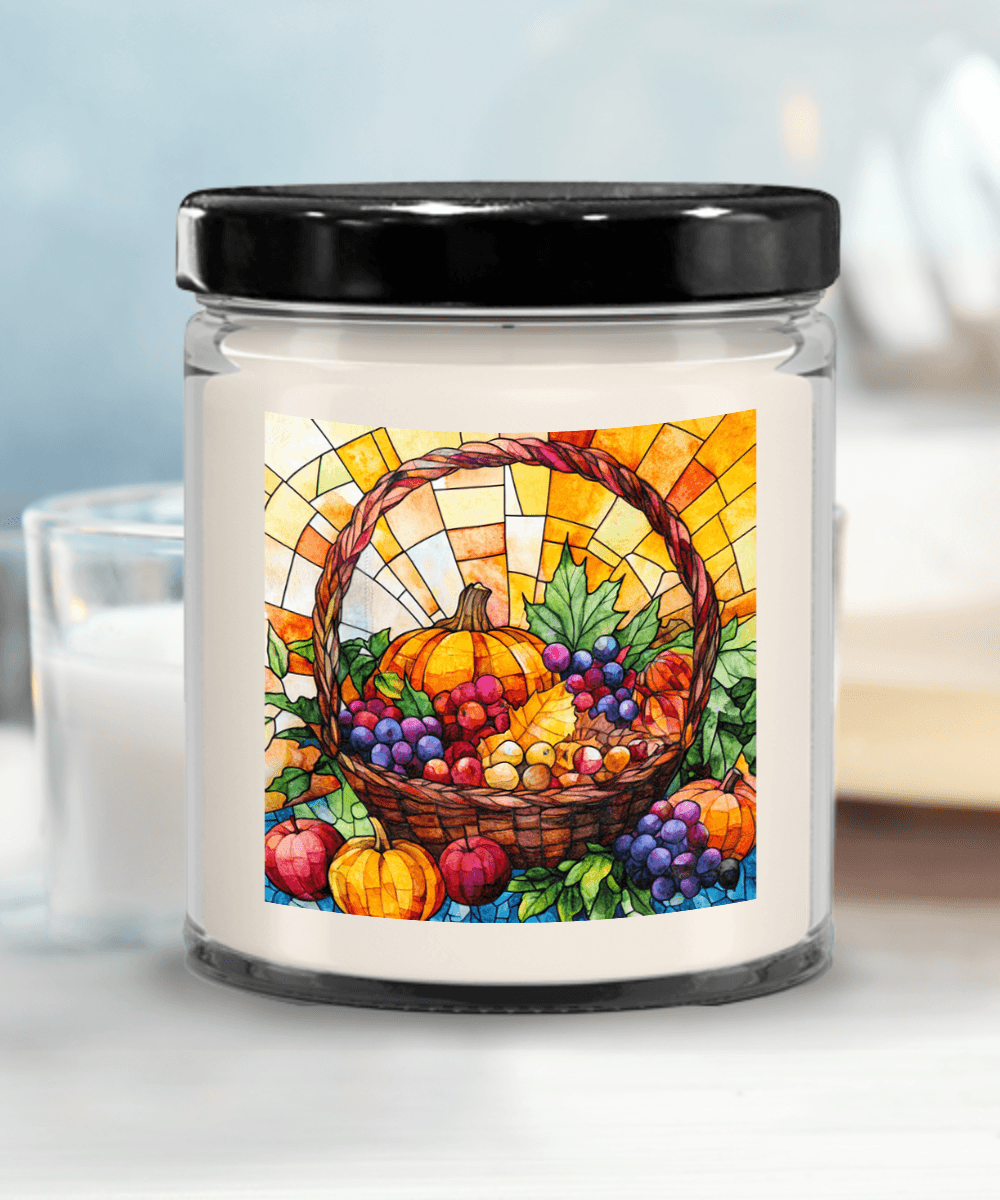 Bountiful Fall Fruit Basket - Stained Glass Soy Scented Container Jar Candle - Mallard Moon Gift Shop