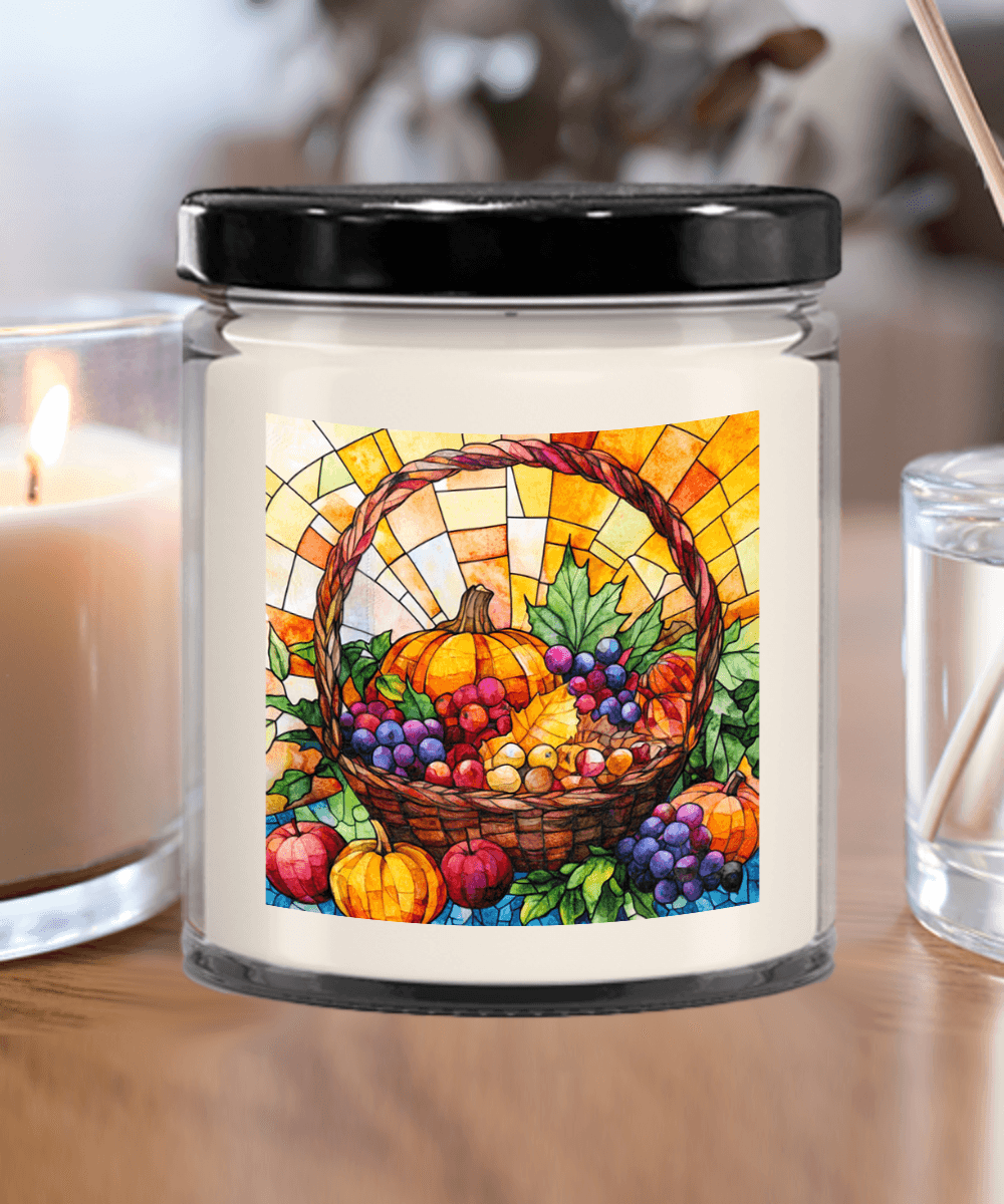 Bountiful Fall Fruit Basket - Stained Glass Soy Scented Container Jar Candle - Mallard Moon Gift Shop