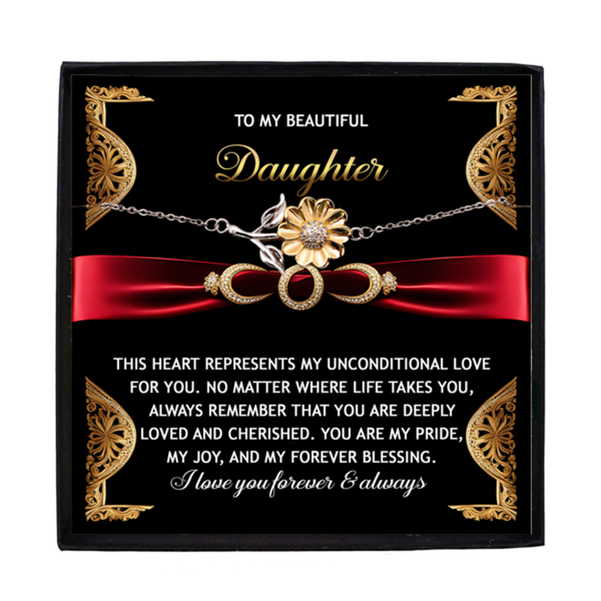 Daughter Sunflower Bracelet - Unconditional Love  – 925 Sterling Silver with 18K Gold-Plated Petals – Meaningful Jewelry Gift from Parent – Includes Heartfelt Message Card - Mallard Moon Gift Shop