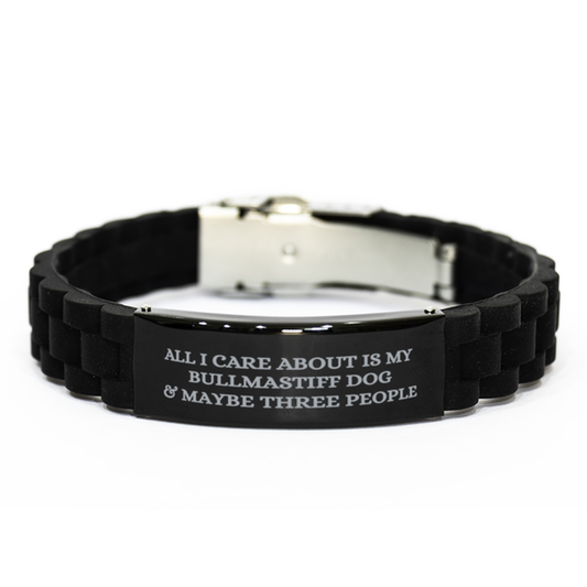 Engraved Bullmastiff Dog Glidelock Bracelet – “All I Care About Is My Bullmastiff Dog & Maybe Three People” – Stainless Steel Sliding Clasp – front view