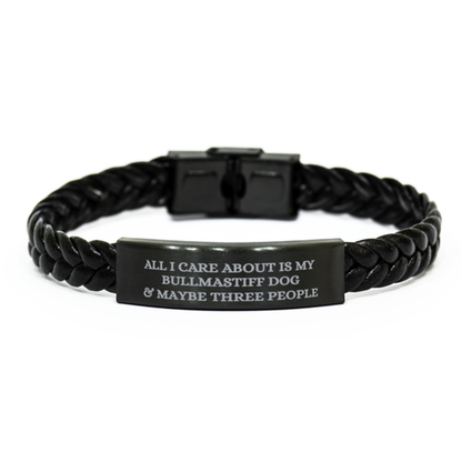 Braided Bullmastiff Dog Bracelet – “All I Care About Is My Bullmastiff Dog & Maybe Three People” – Interwoven Adjustable Cord Design – front view