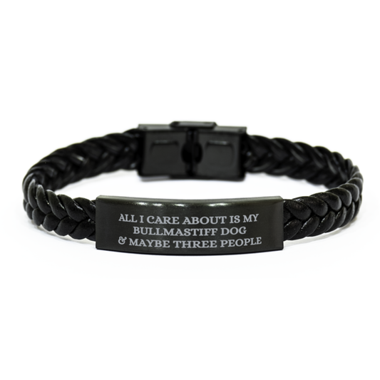 Braided Bullmastiff Dog Bracelet – “All I Care About Is My Bullmastiff Dog & Maybe Three People” – Interwoven Adjustable Cord Design – front view