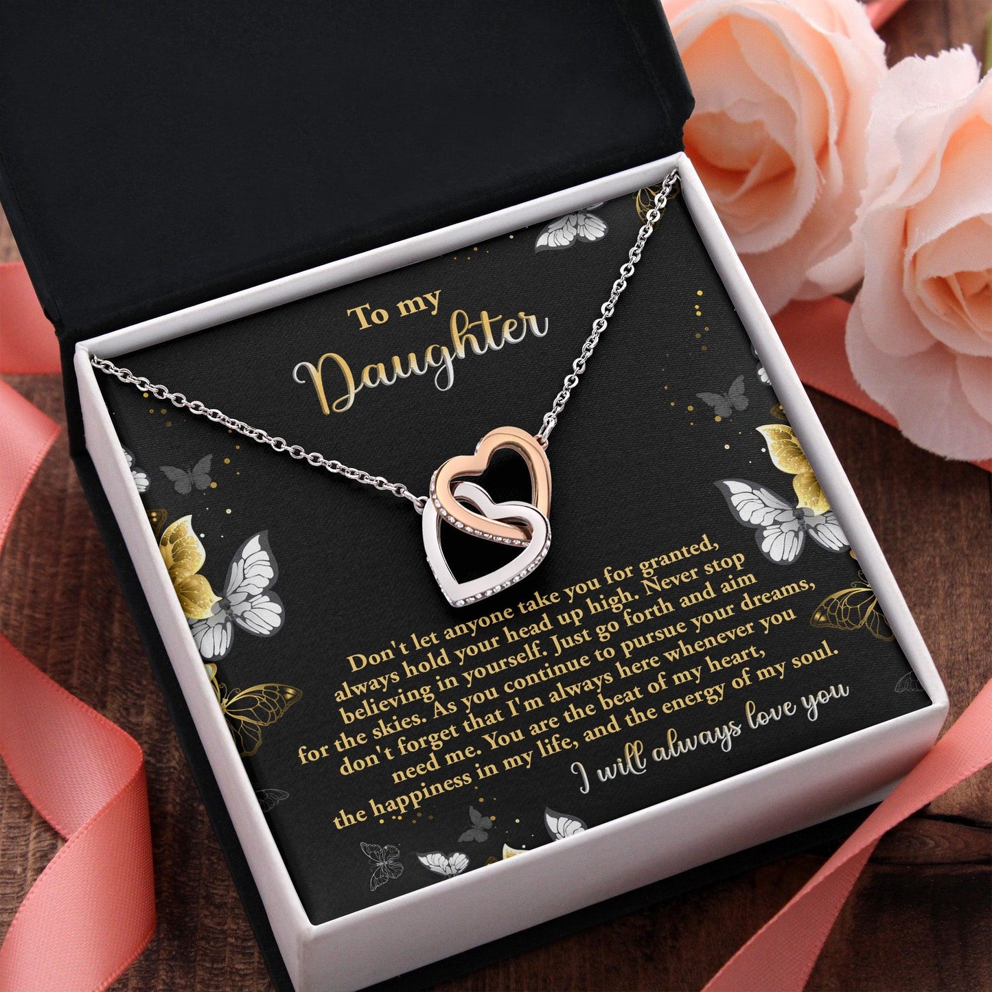 Gift for Daughter - Pursue Your Dreams I Will Always Love You Interlocking Hearts Necklace - Mallard Moon Gift Shop