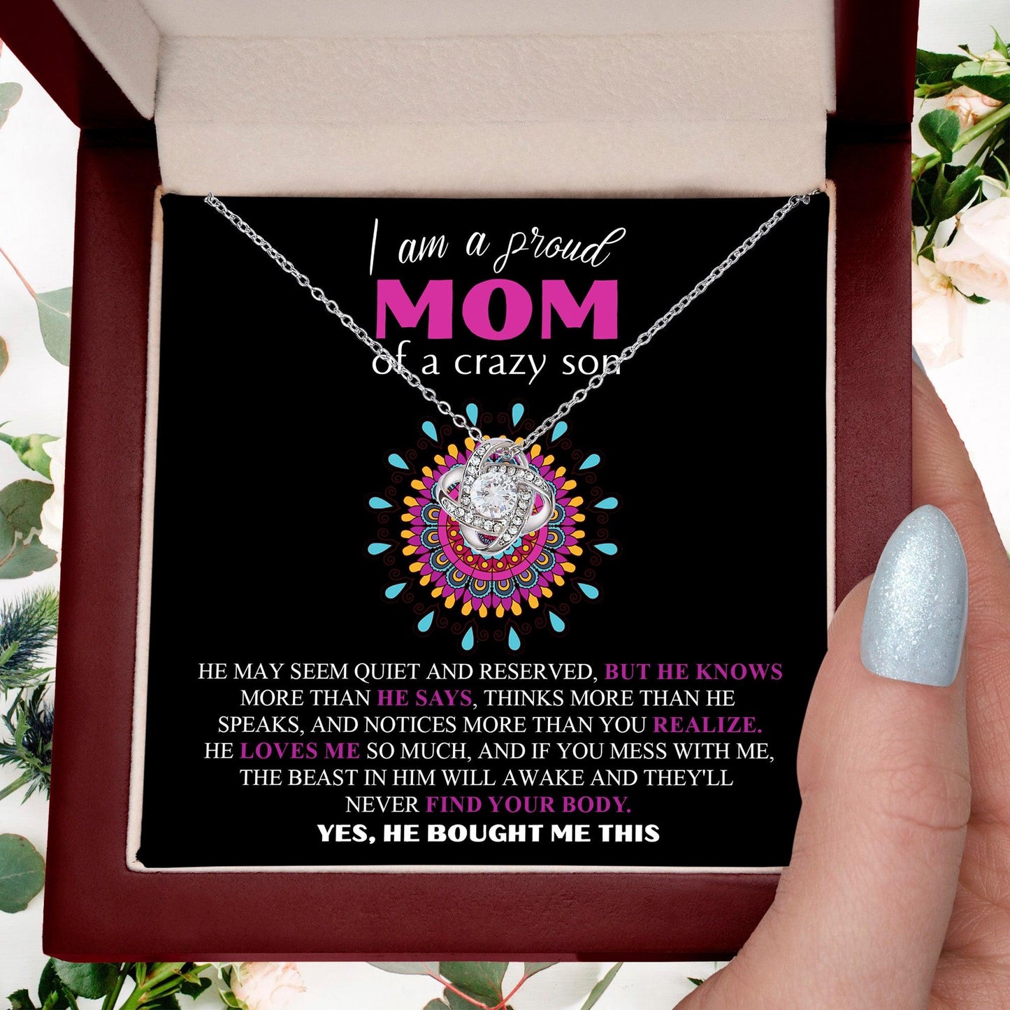 Gift For Mom  - I am a Proud Mom of a Crazy Son Love Knot Necklace - Mallard Moon Gift Shop