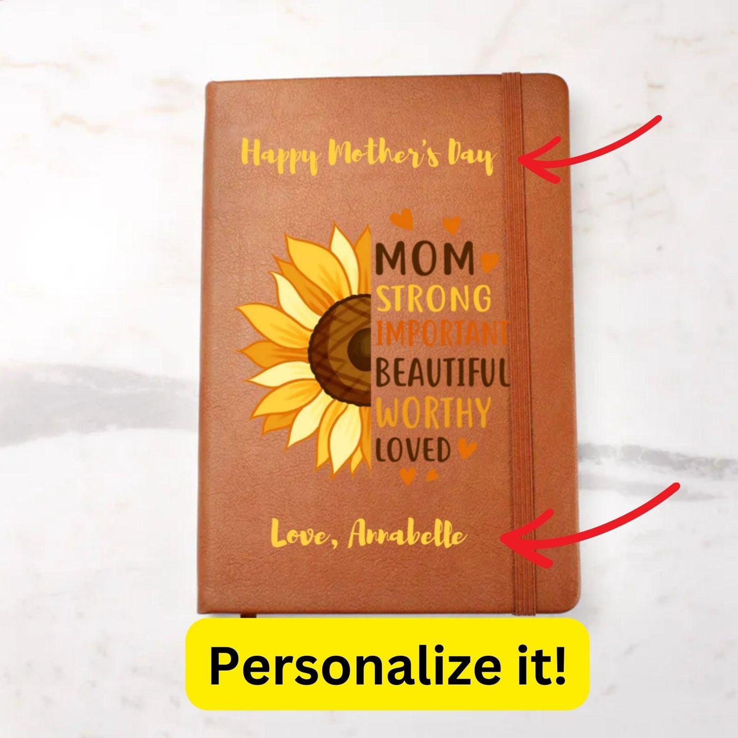 Gift for Mom Personalized Sunflower Graphic Leather Journal - Mallard Moon Gift Shop