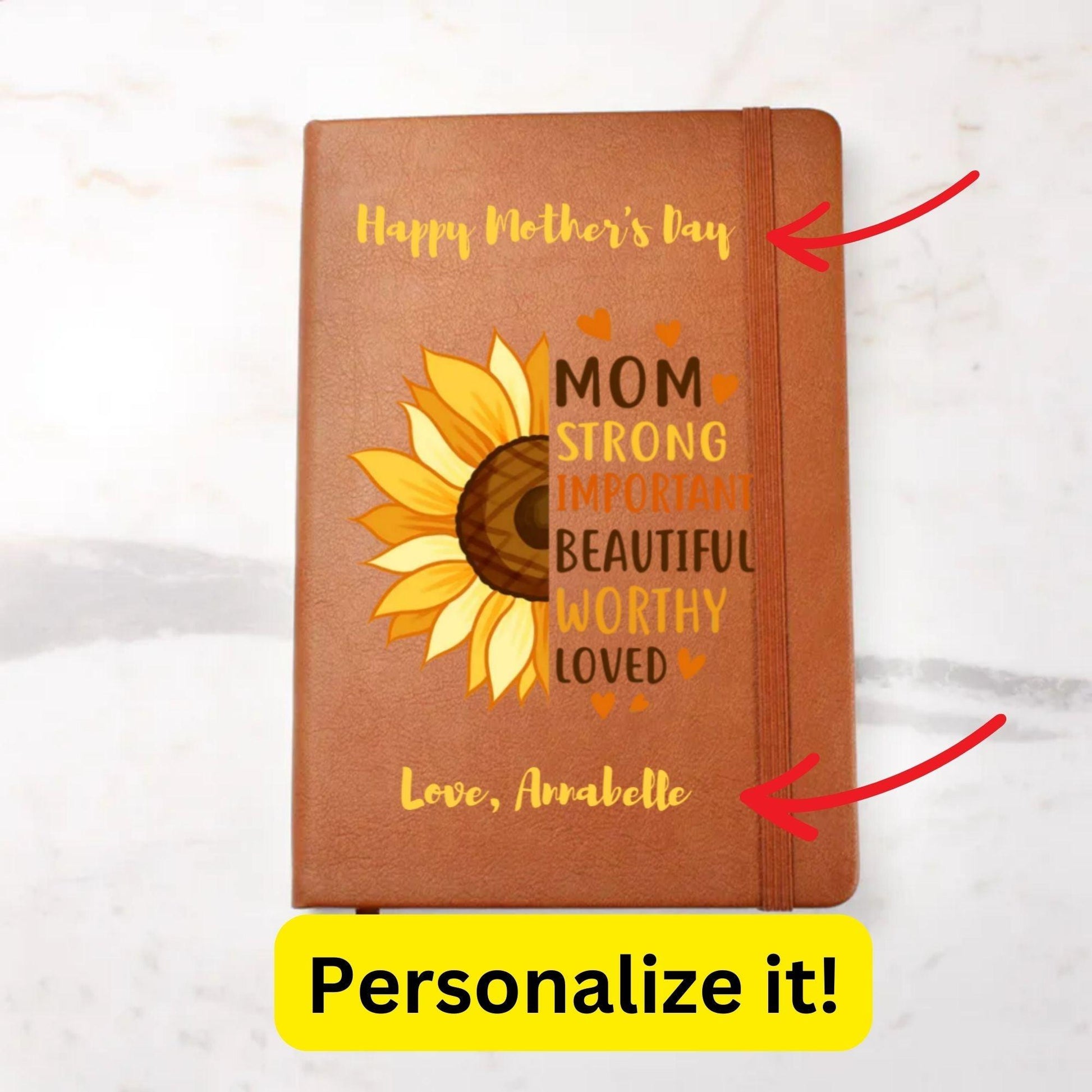 Gift for Mom Personalized Sunflower Graphic Leather Journal - Mallard Moon Gift Shop