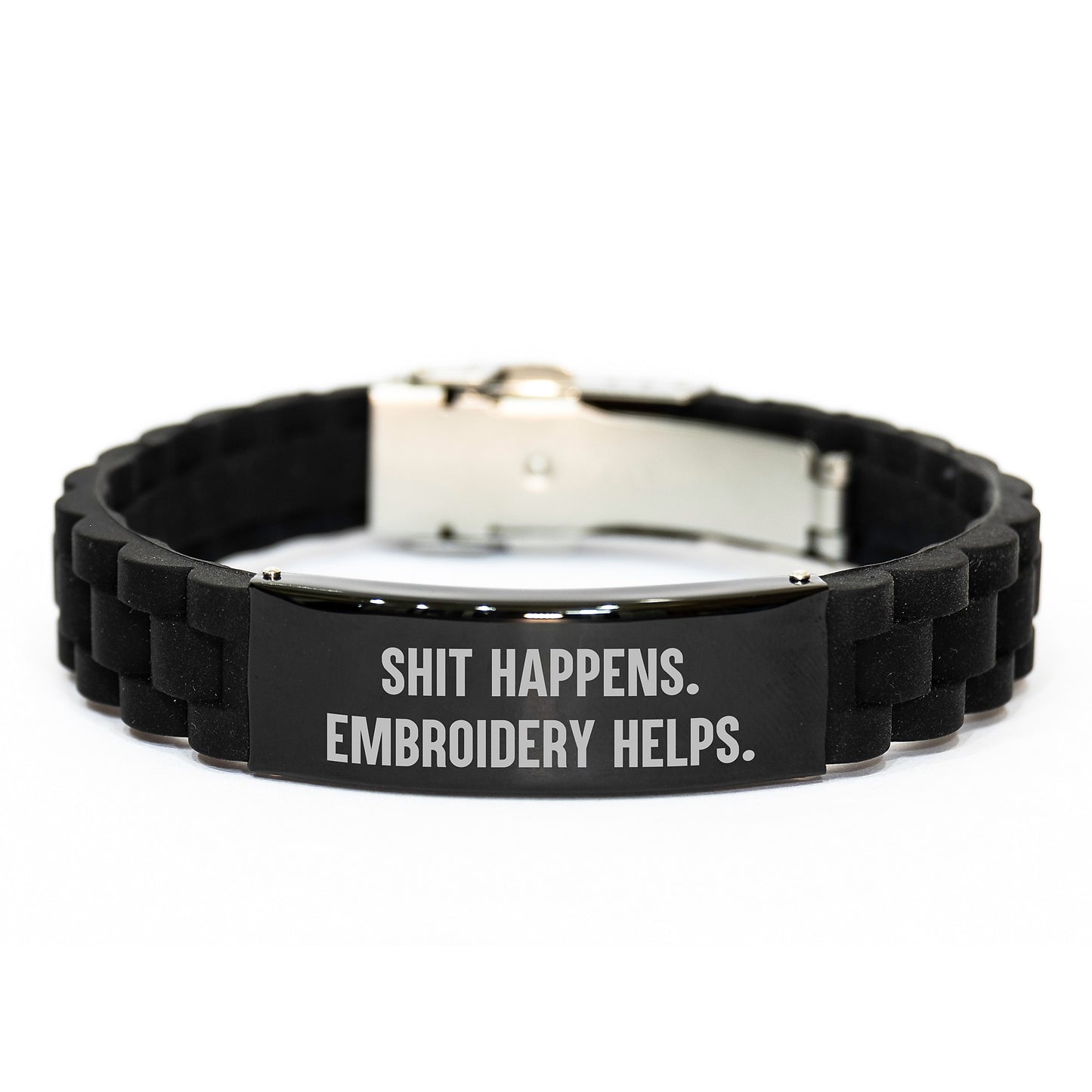 Funny Embroidery Gifts for Men, Women, or Friends - 'Shit Happens. Embroidery Helps.' Glide lock Clasp Bracelet for Graduation - Image 1