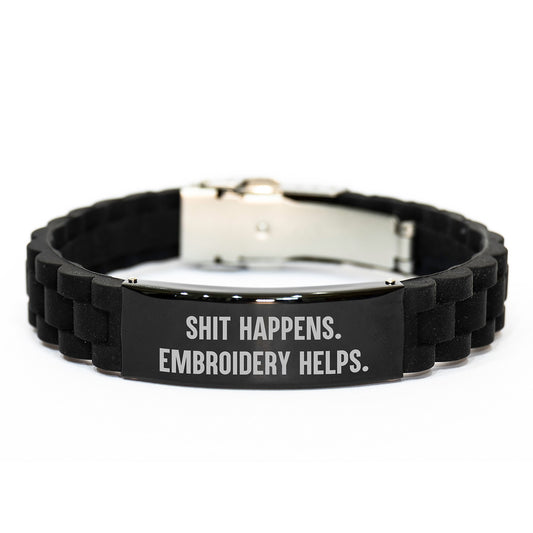 Funny Embroidery Gifts for Men, Women, or Friends - 'Shit Happens. Embroidery Helps.' Glide lock Clasp Bracelet for Graduation - Image 1